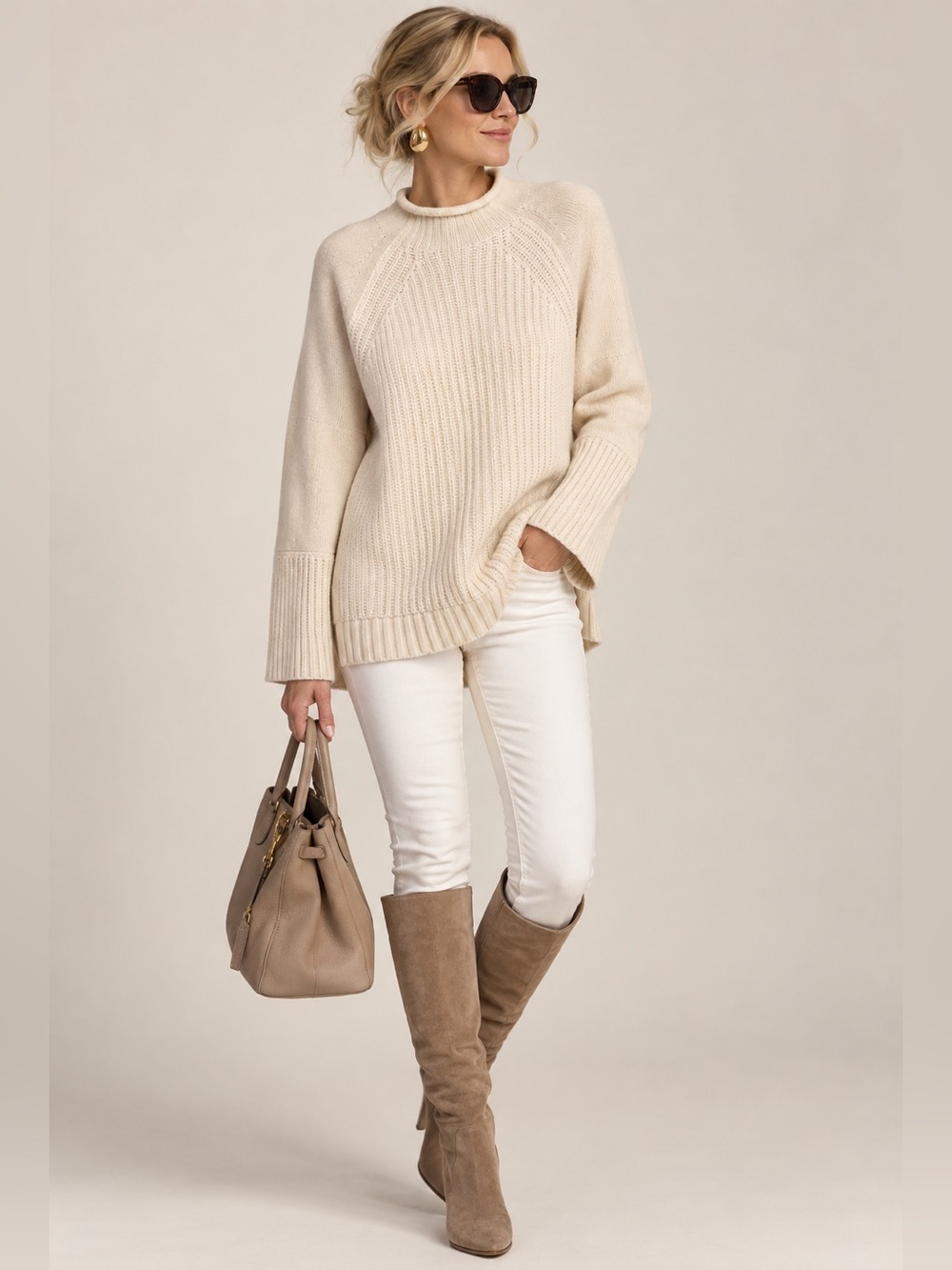 J.Crew 100% Wool Cream Oatmeal Rolled Neck Ribbed Raglan Sweater Size L